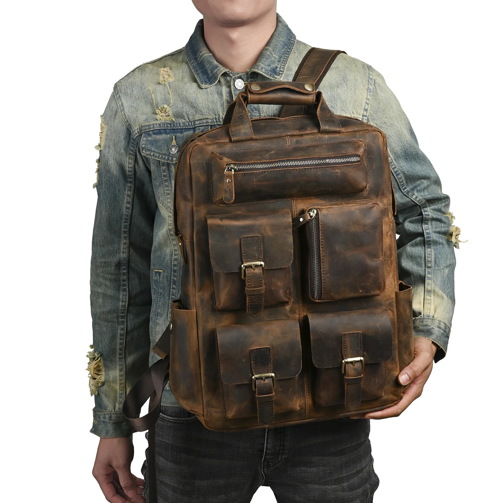 Design Male Thick Oil Wax Leather Heavy Duty Travel School University College Laptop Bag Backpack Knapsack Daypack Men 1170