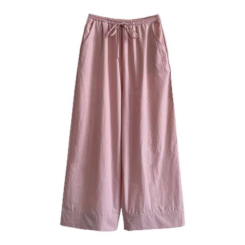 2025 Spring and Summer Loose Wide-leg Pants Retro Straight Casual High-waisted Elastic Trousers