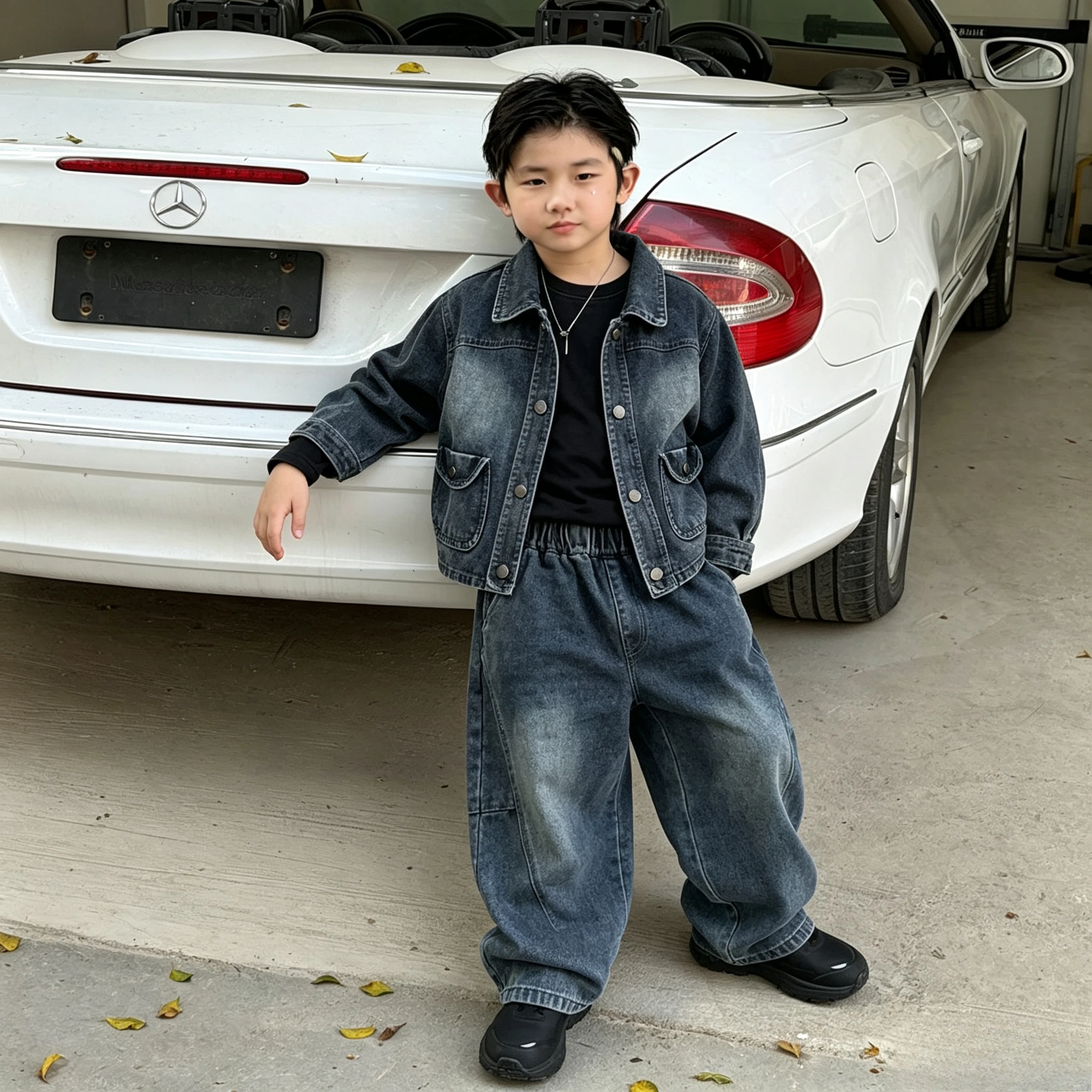 Boys Cool Denim Set Spring Kids Jacket Curved Pants Jeans 2026 New Loose Spring Autumn Two Piece Set