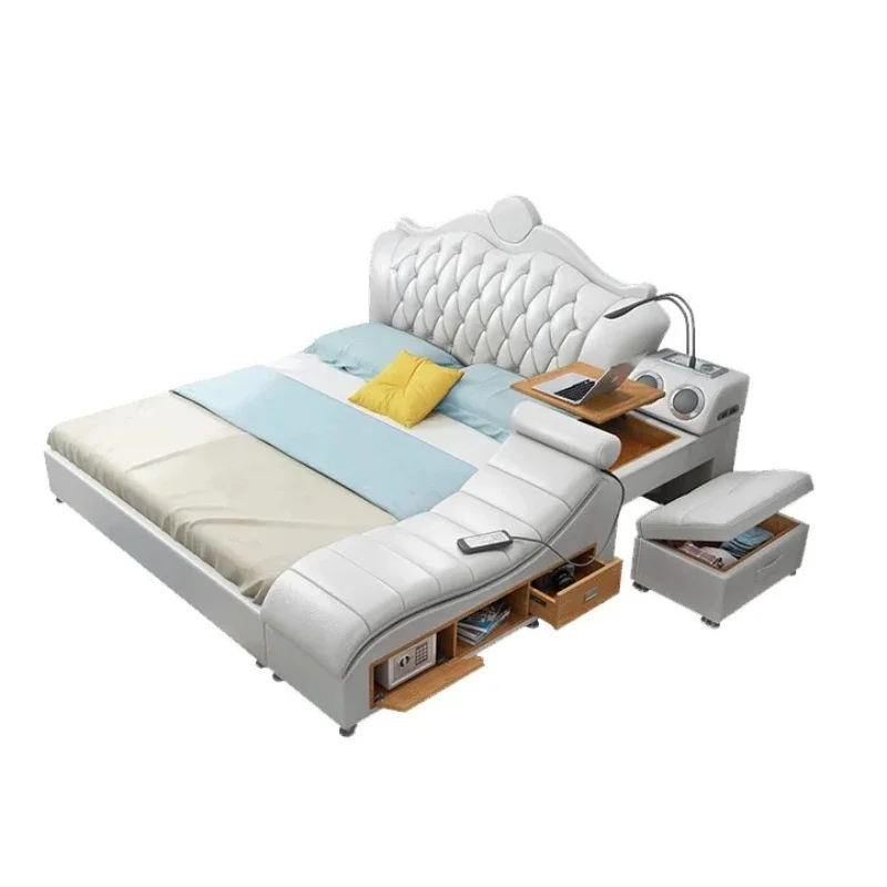 تخزين سرير مزدوج بحجم كوين فريد من نوعه من Nordic Master Princess إطار سرير مزدوج فاخر من الجلد الطبيعي أثاث غرفة Deux Place #6