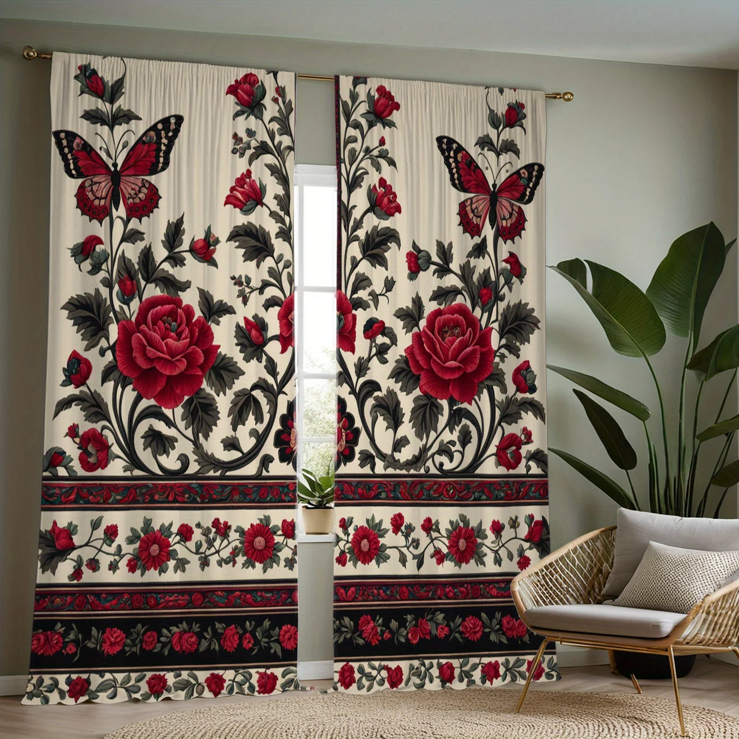 

2 шт. прозрачные шторы из полиэстера с принтом красной розы и бабочки, можно стирать в машине, карманный верх для гостиной