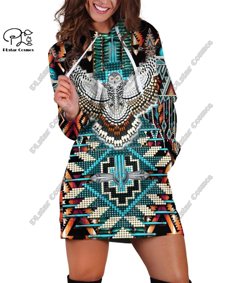 PLstar Cosmos 3D Printing Latest Retro Aboriginal Wolf Feather Totem Hoodie Dress Harajuku Streetwear Pullover Women's Style 1