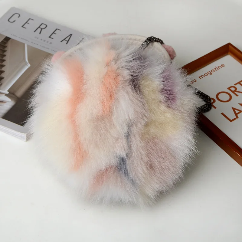 Women Winter Real Fox Fur Hand bag  Cute Girls Multi Color Luxury Genuine Fur Tote Bag Ladies Small Round Bags