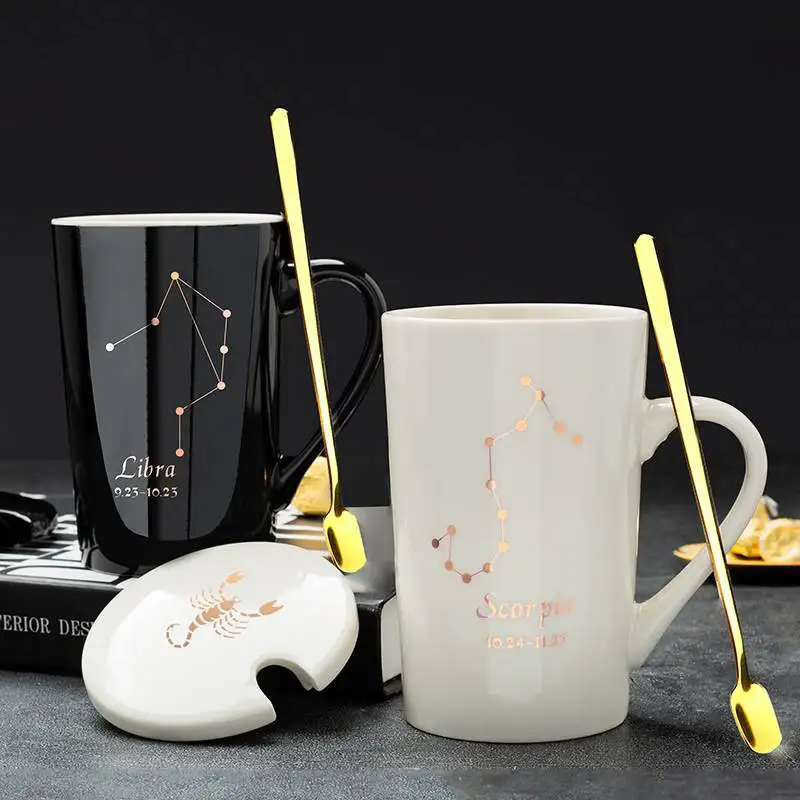 

400ml 12 Constellation Mug with Lid Spoon Large Capacity Japanese Ceramic Water Cup Home Office Male and Female Couple