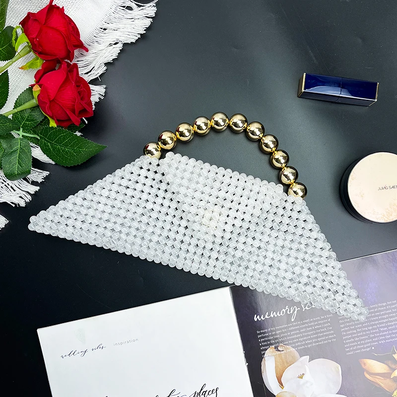 New French socialite hand woven bead imitation pearl triangle handbag, small square bag, hand-held dinner bag