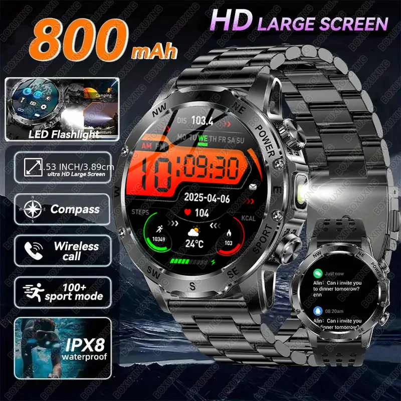 

Новые умные часы с компасом для мужчин, 800 мАч, уличный фонарик, Bluetooth-вызов, водонепроницаемый спортивный фитнес-трекер, шагомер, умные часы для мужчин