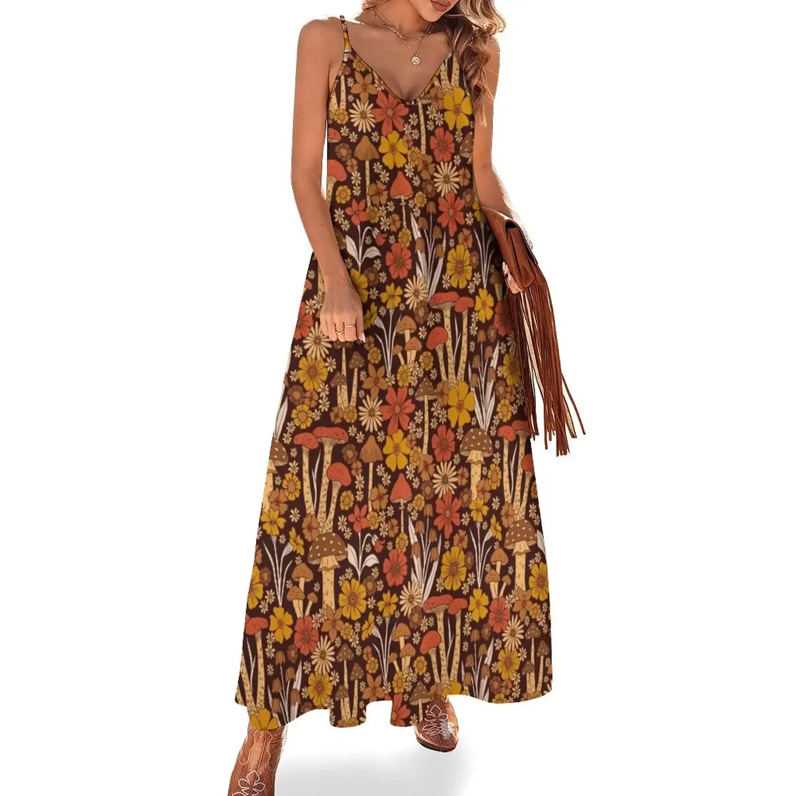 

Retro 1970s Brown & Orange Mushrooms & Flowers Sleeveless Dress dress summer dresses for woman dress korean style