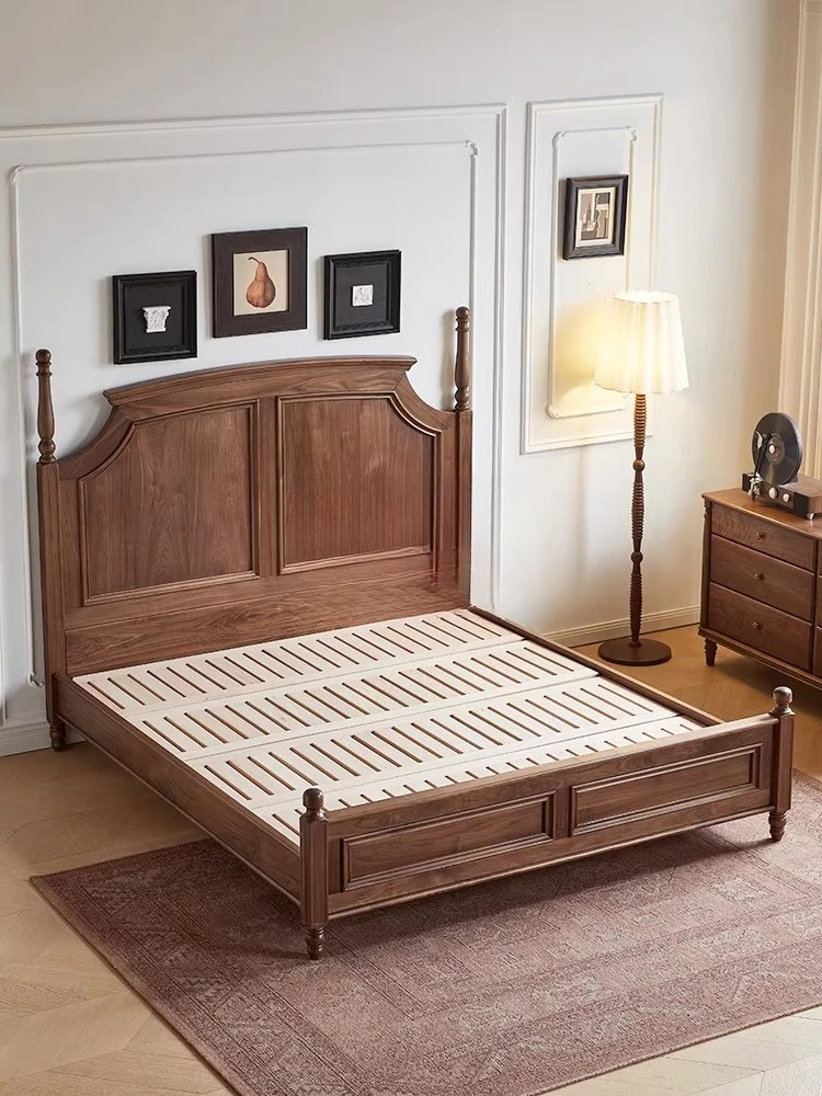 American solid wood bed, simple, retro double bed, French bedroom medieval
