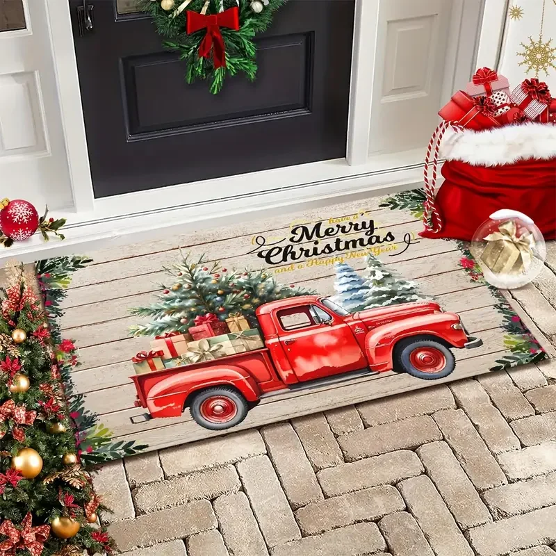 VIKAMA Red Truck Merry Christmas Fußmatte, festlicher dekorativer Teppich, für den Innen- und Außenbereich, rutschfeste, schmutzabweisende Heimdekoration