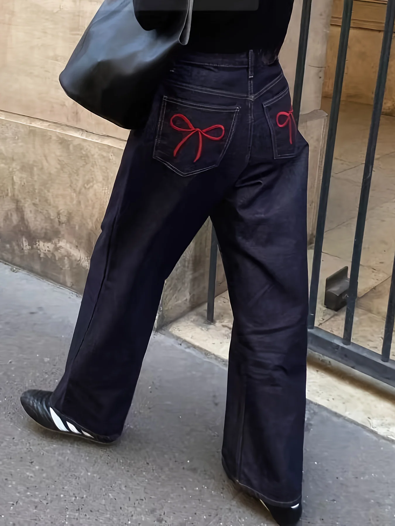 

Ladies Embroidered Bow Straight Leg Jeans Casual Denim Pants High Waist Straight Wide Leg Jean Harajuku Y2k Retro Women Clothing