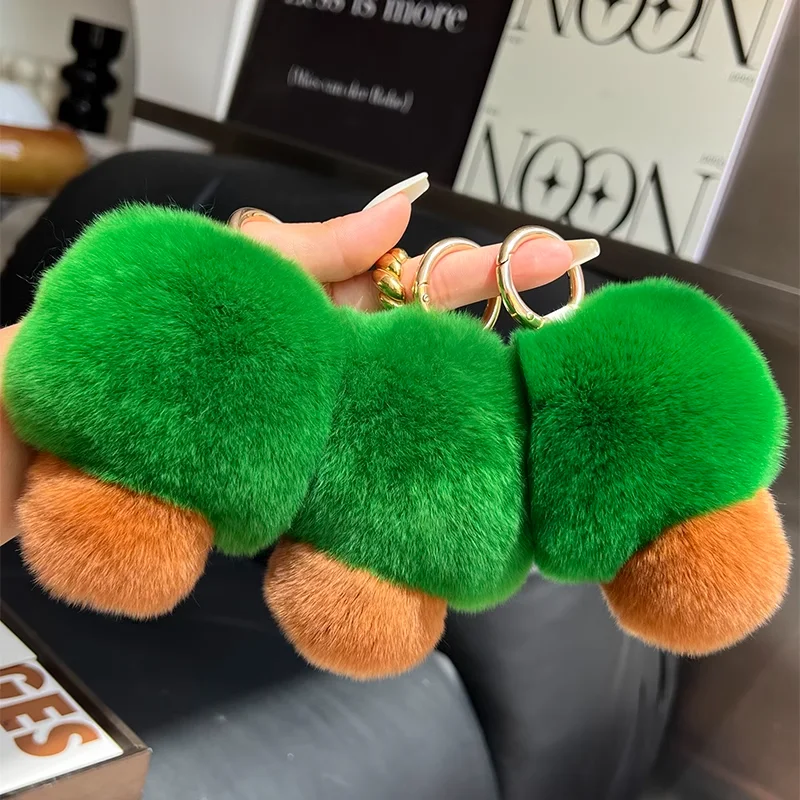 Porte-clés de voiture en vraie fourrure de lapin, petit arbre mignon, boule en peluche verte, poupée, sac à dos, pendentif de sac