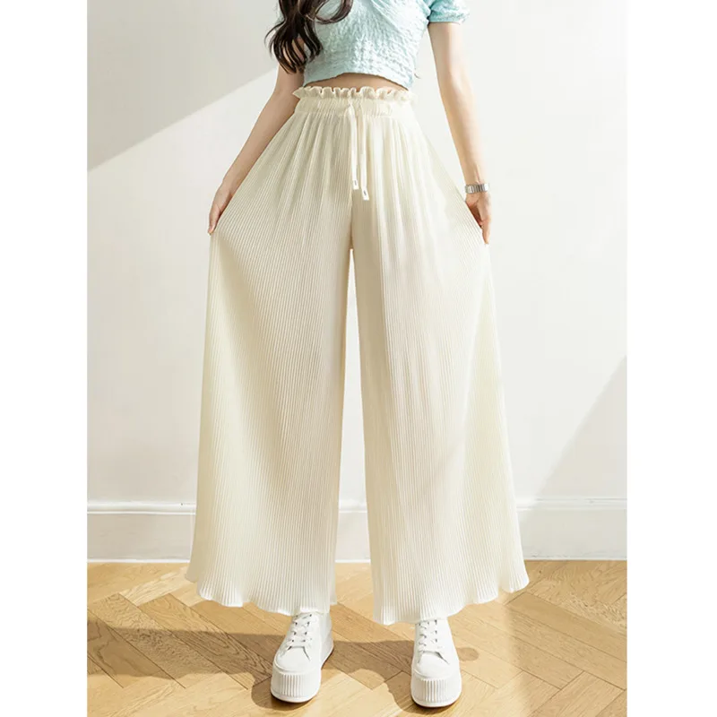 

Chiffon Pleated Wide-leg Pants Women Summer Flower Bud High Waist Casual Pantalon Pour Femme Korean Fashion Loose Beach Trousers