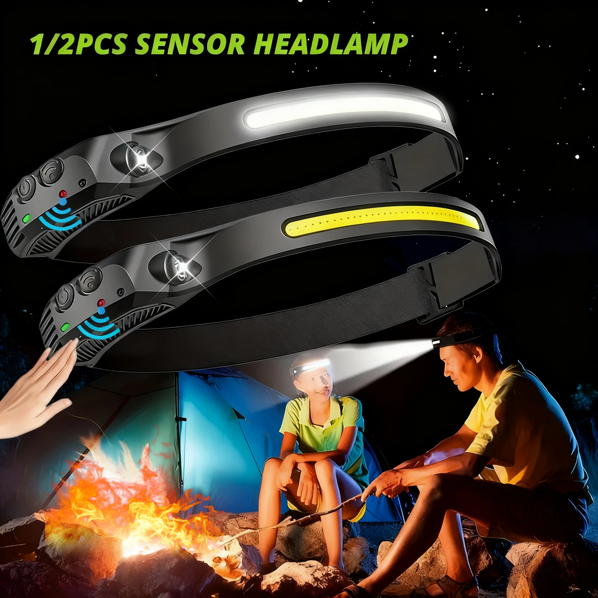 COB LED Headlamp Induction Head Lamp Built-in Battery USB Rechargeable Head Flashlight Outdoor Camping Fishing Sensor Headlight