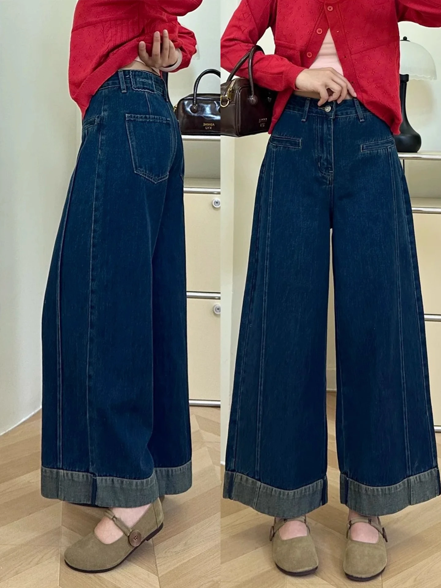

Deep Blue High Waist Wide Leg Jeans Women's Autumn Vintage Splicing Design Casual Straight Cut Cotton Denim Slimming Effect