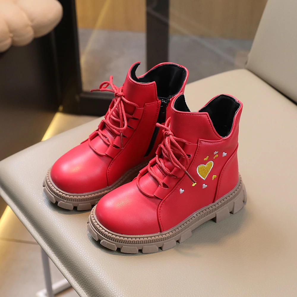 COMFY KIDS Toddler Bright Red Heart Embroidery Ankle Boots, Soft Cushioned Non-Slip Rubber Sole Side Zipper Lightweight Short Le