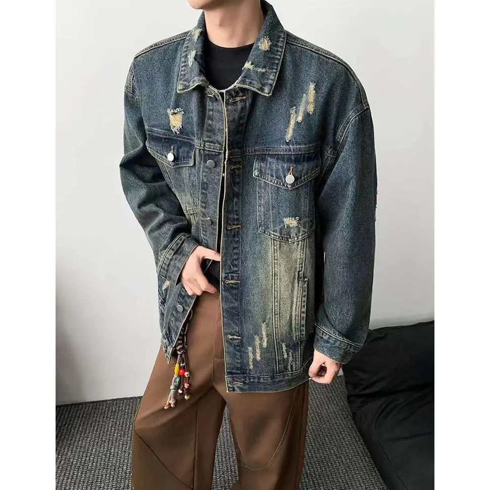 

Heavyweight American Sle Ripped Denim Jaet ex Spring Autumn High Street Cool Collar Couple Tops Loose Fit Long Sve