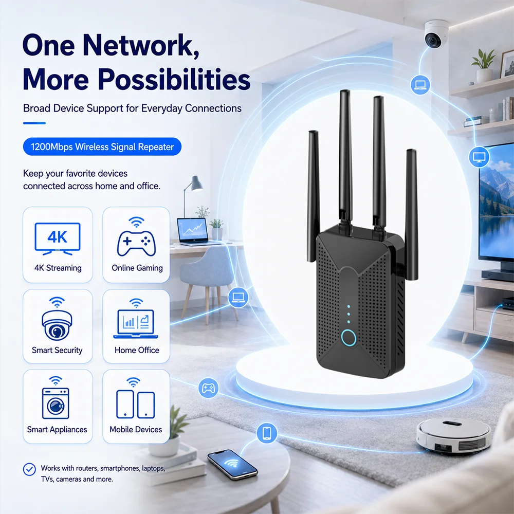 WiFi Range Extender Dual Band Wireless WiFi Repeater 1200Mbps Whole Home Network Signal Booster with Ethernet Port WPS Function