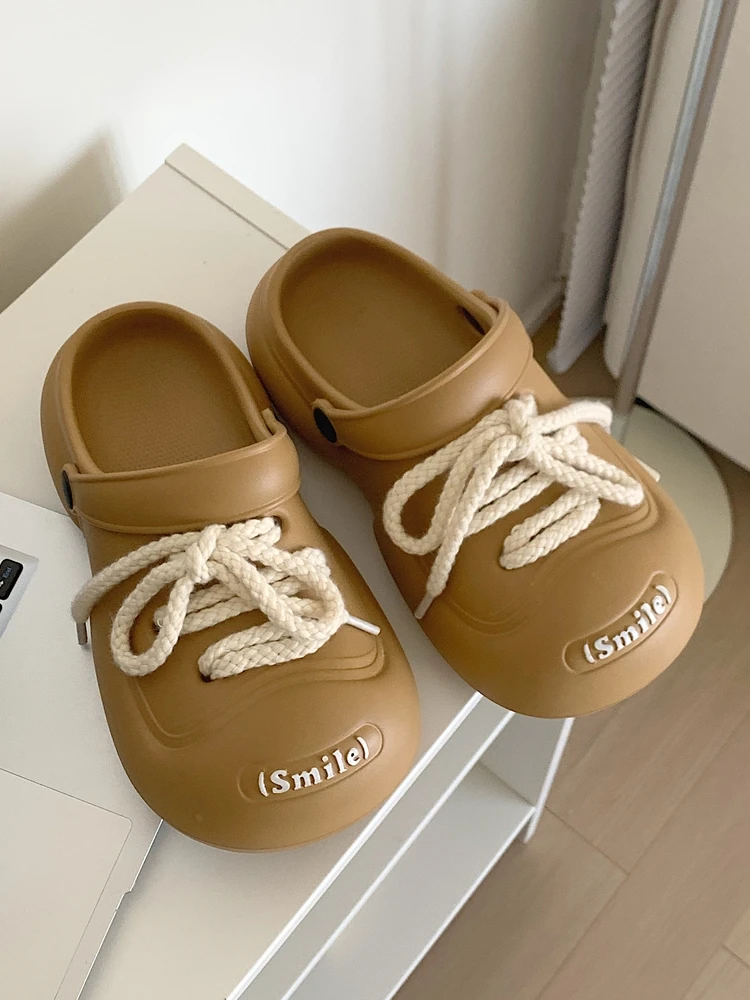 

Прохладные милые женские летние сандалии на плоской подошве со шнуровкой Hole oes, повседневная обувь без шнуровки из материала EVA с открытым носком