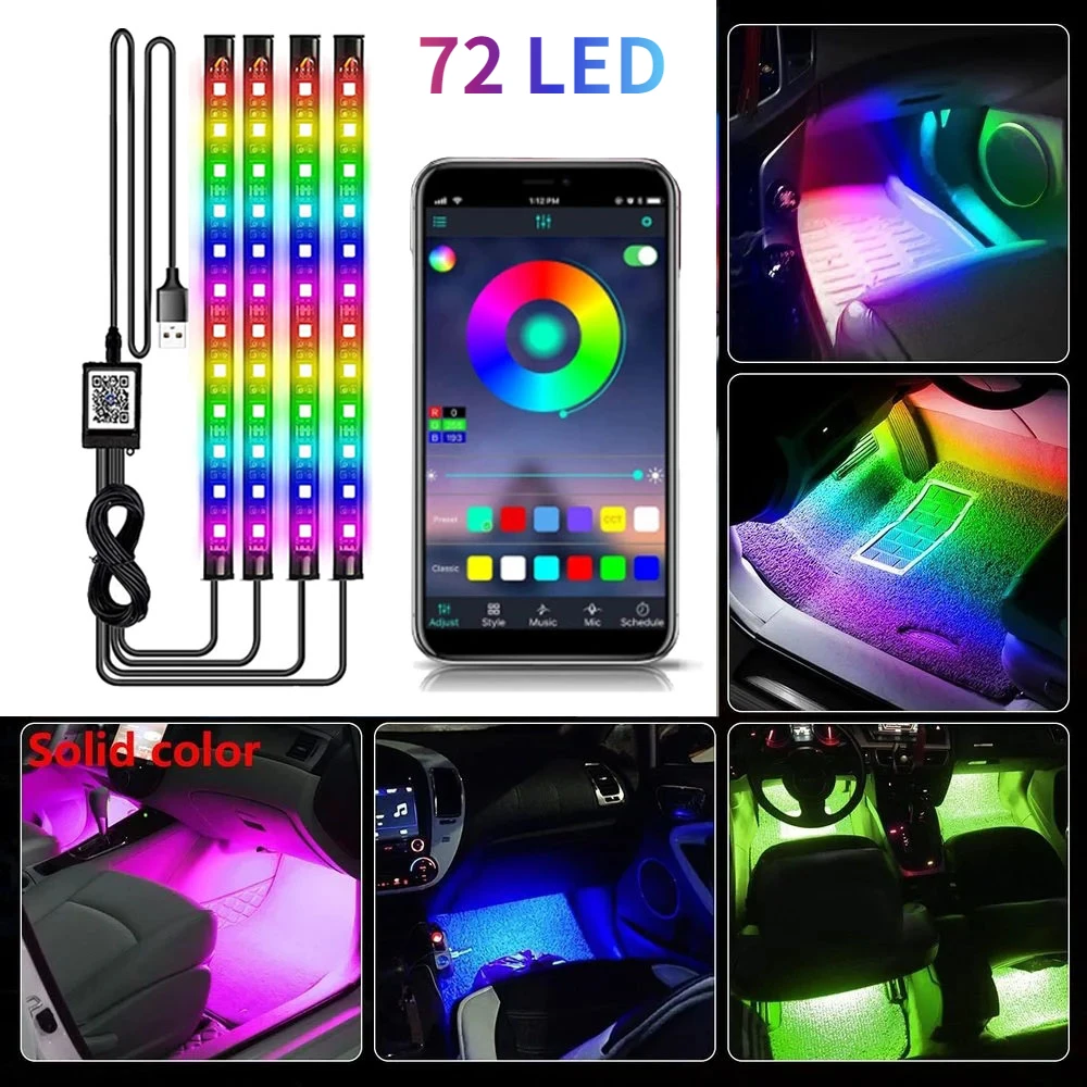 

Neon 72 48 LED Car Interior Ambient Foot Strip Light Kit Accessories RGB Backlight Remote App Music Control Auto Decorative Lamp