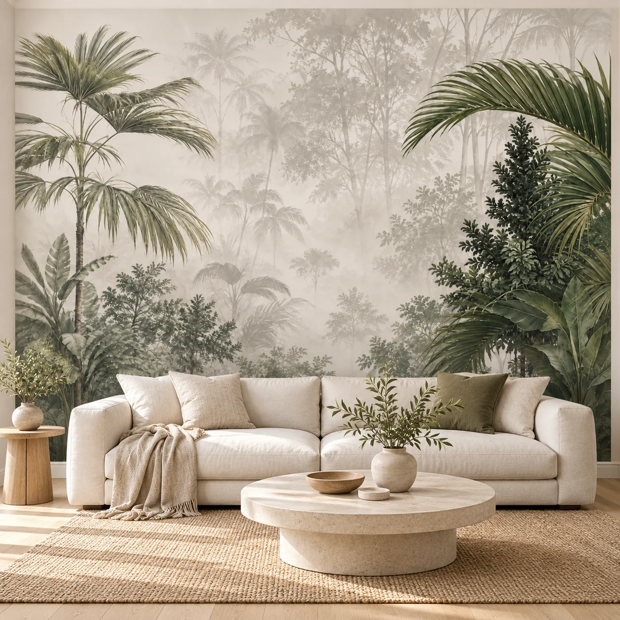 Tropical Wall Mural Palm Trees Misty Green Jungle Neutral Botanical Wallpaper Non Self Adhesive Living Room Bedroom Nature Decor
