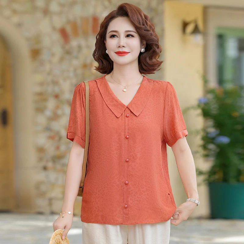 

Sli Mom Summer Clothes ort Sve Collar Button T-irt Loose Anti-Aging Top for Middle-Aged And ly Women