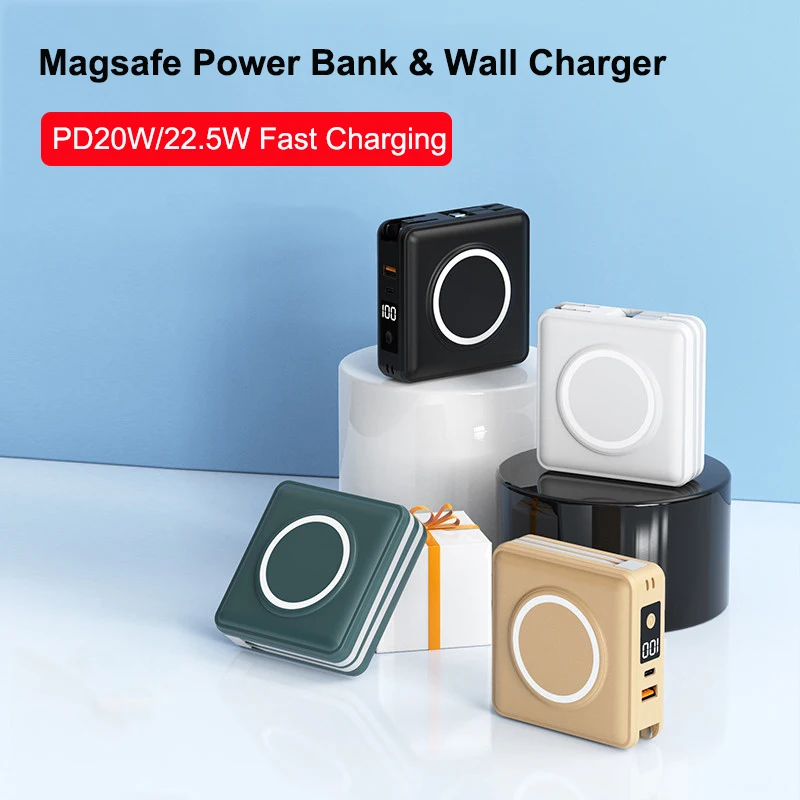 

15000mAh Magsafe Power Bank With Removable Cable AC Plug Powerbank 22.5W Fast Charging for iPhone 16 15 Samsung Xiaomi Poverbank