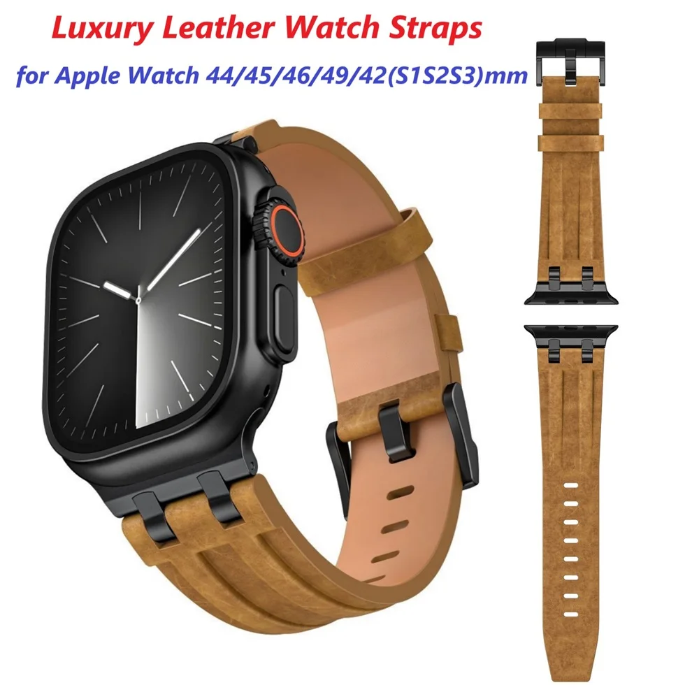 

Premium Leather WatchBands for Apple Watch Band 44 45 46 49mm Luxury Man Vintage Leather Watch Bracelet for Ultra 3 S11 10 Band