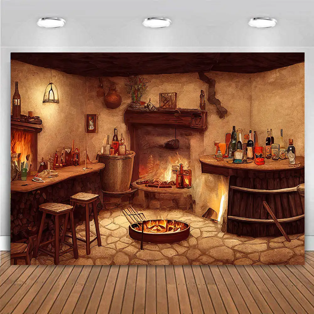 

Medieval Tavern Kitchen Inn Western Music Bar Club Wine Cellar Restaurant Cooking Backdrop Halloween Party Decoration Background