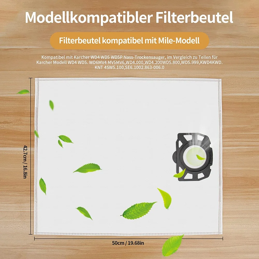 Bolsas de filtro no tejidas para aspiradora Karcher, bolsas de filtro para Karcher WD4, WD5, WD6, KFI 487, 15 unidades