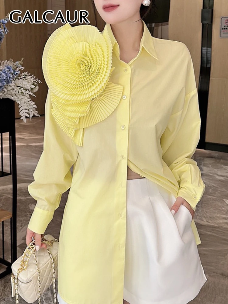 

GALCAUR Patchwork Floral Shirts For Women Lapel Long Sleeve Single Breasted Spring Solid Casual Folds Blouse Female 2023 New