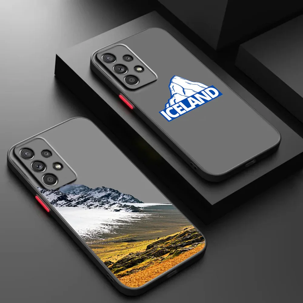 Матовый Прозрачный чехол для телефона Samsung A50, A73, A72, A71, A54, A53, A52S, A22, A21S, A14, A13, A12, A70, Исландия, ледяная Гора, черный