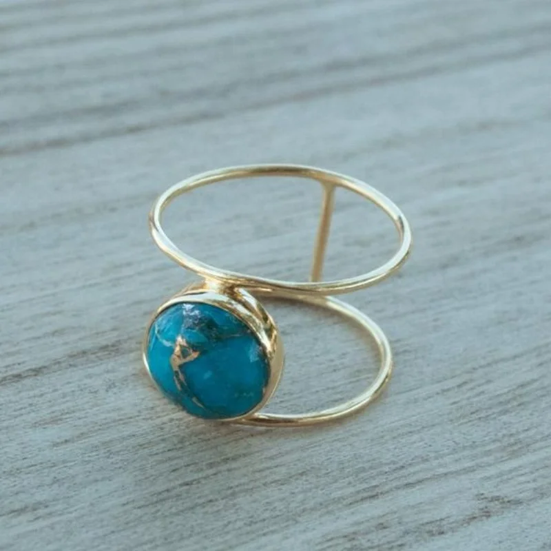  New Bohemian Large Round Turquoise Stone Rings for Women Vintage Double Layer Ring Retro Party Jewelry Boho Band Ring
