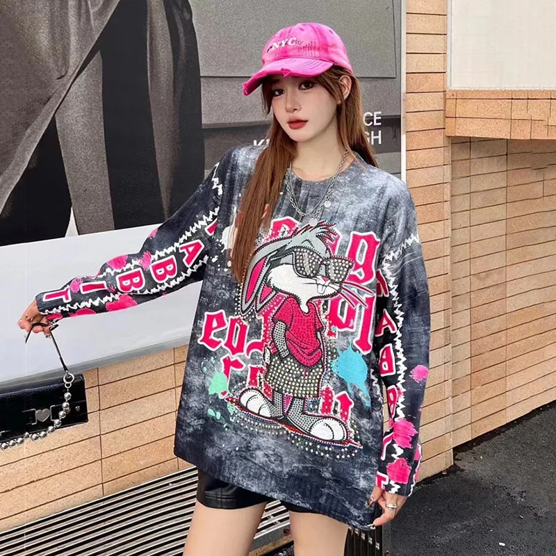 Cartoon Rabbit Printed Diamonds Sweater Women Pullovers Autumn Winter Vintage Clothes Fashion Loose Casual Full Sleeve Hoodies