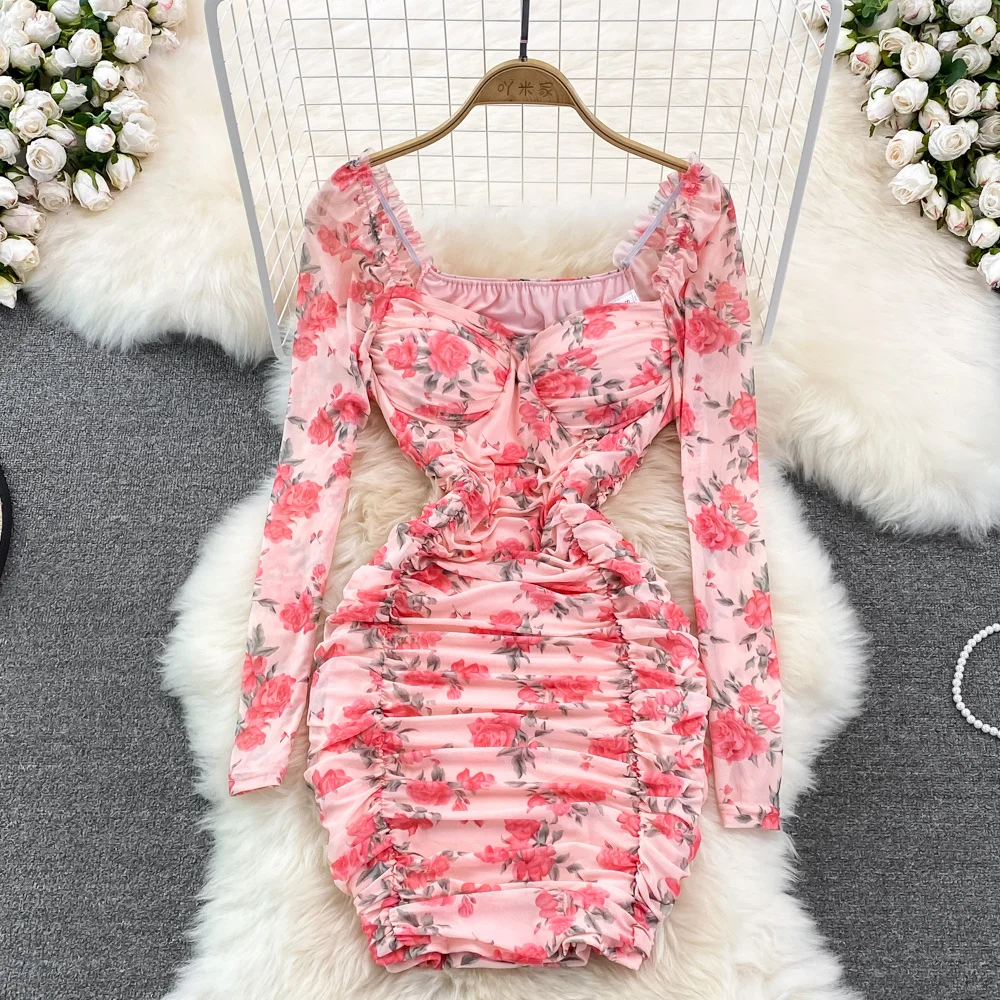 

French Elegant Women Floral Print Bodycon Mini Dress Square Collar Padded Long Sleeve Ruched Sexy Club Party Dress Vestidos