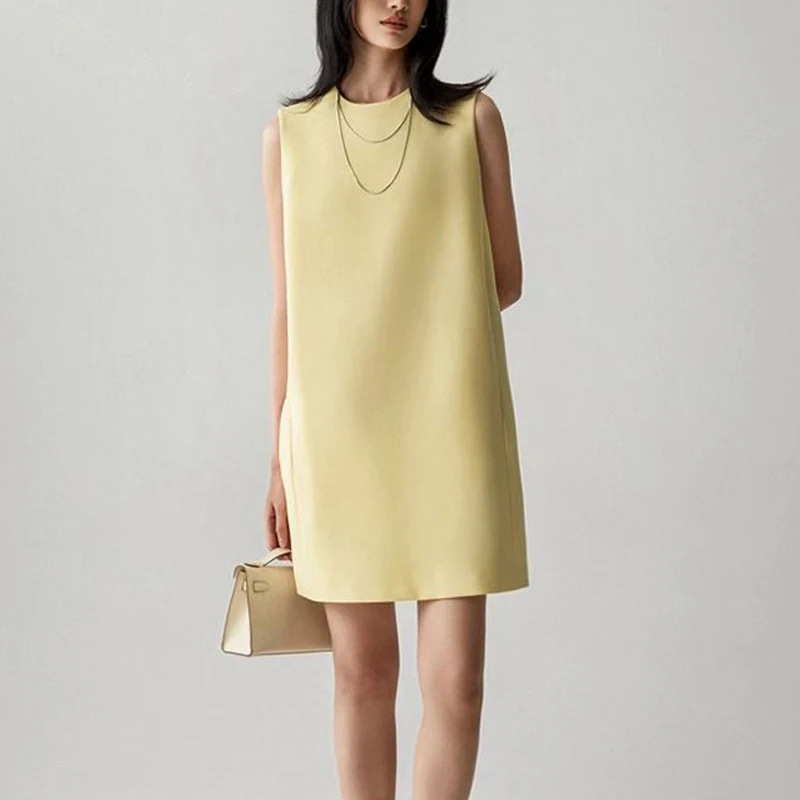 Nuevas mujeres Vintage minimalista sin mangas elegante viajero vestidos de satén verano cuello redondo sólido suelto Sexy Mini Vestido recto Vestido
