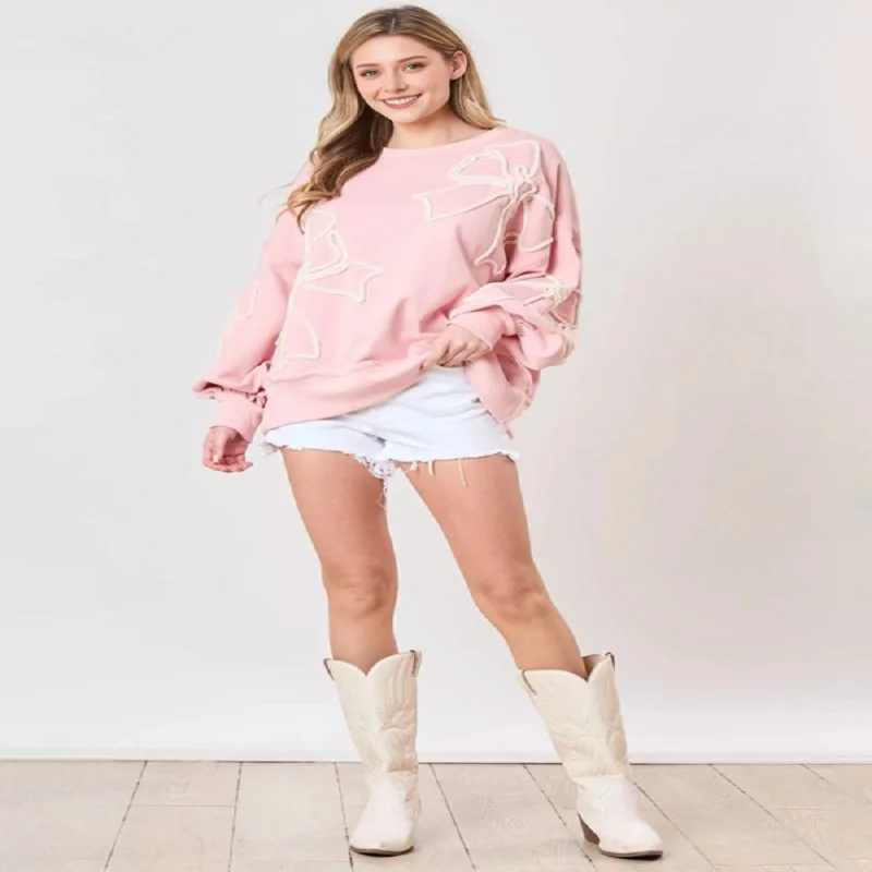 Women'S Cute Bow-Knot Casual Lantern Long Sleeve Crew Neck Sweatshirts Fall Loose Fit Y2k Pullover Tops