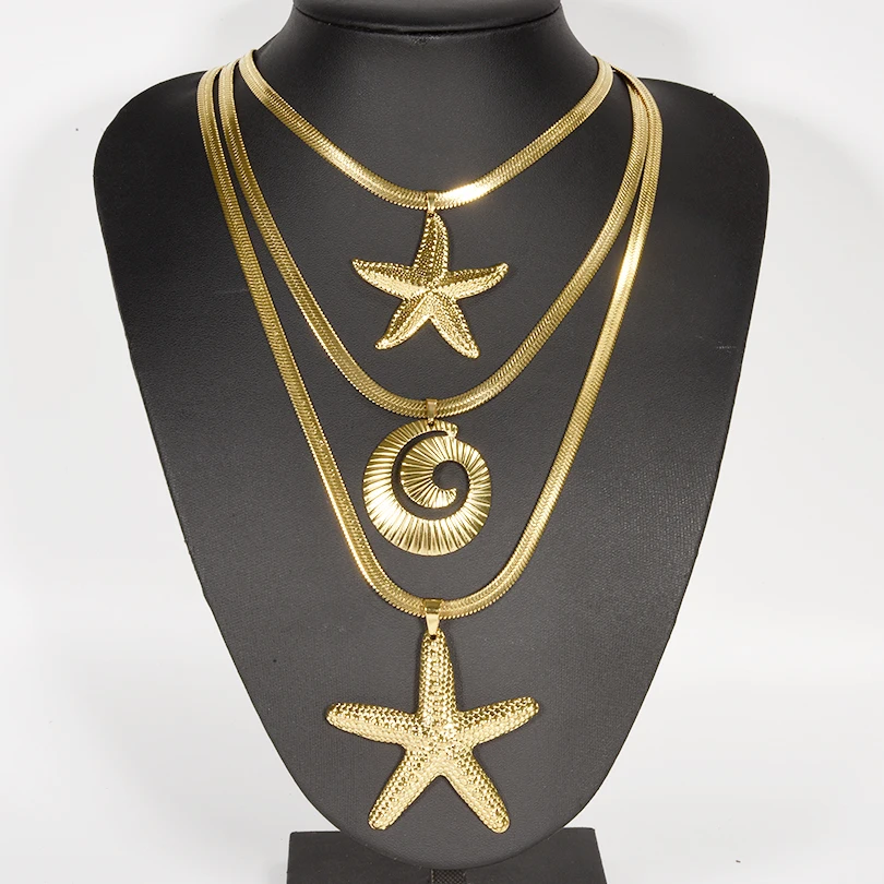 Punk Large Starfish Sun Conch Gold Plated Pendant Choker Necklaces Stainless Steel Chunk Sea Star Charms Jewelry for Women Gifts