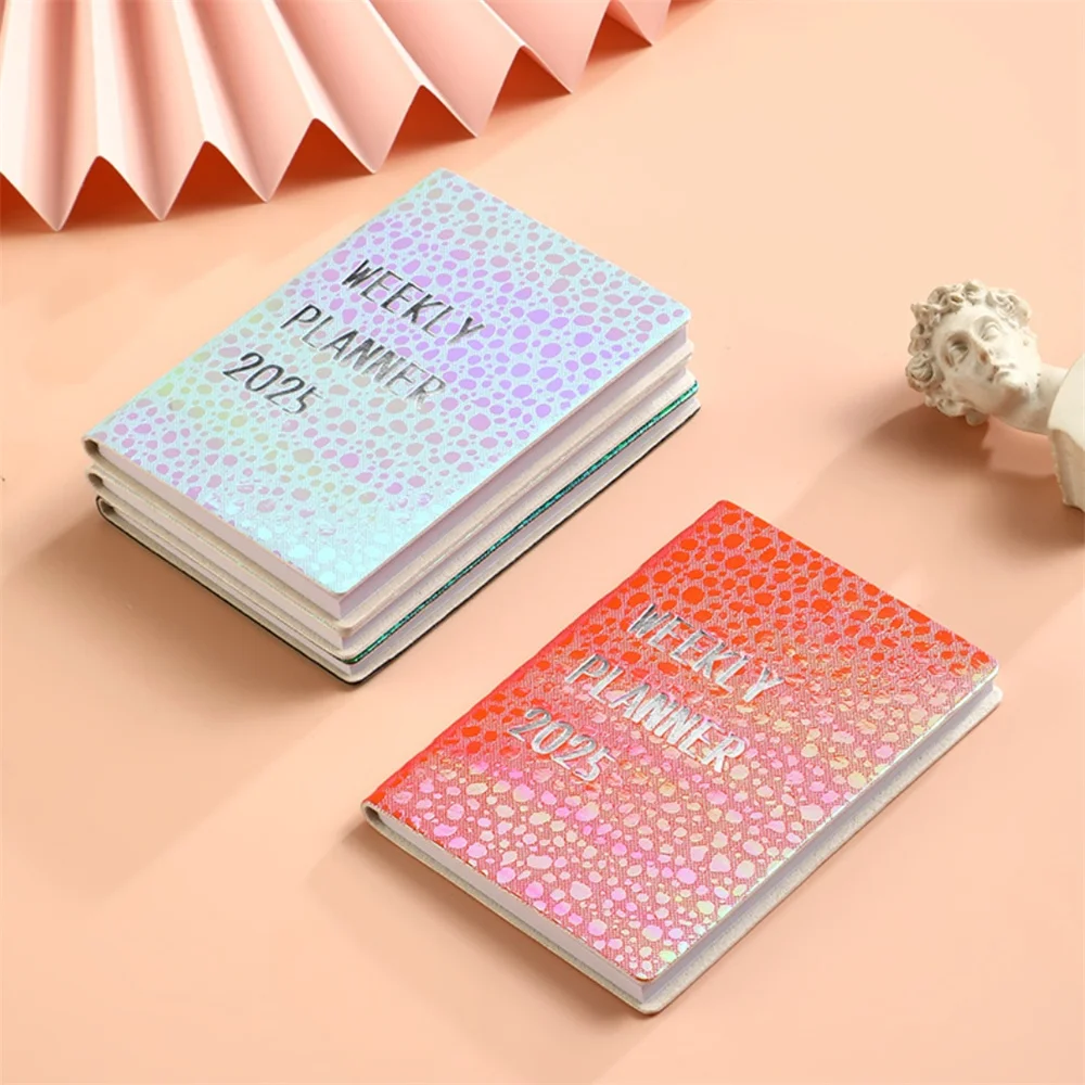 Colorful Laser Notebook A7 English Schedule Planner 2025 Portable Mini Pocket Student Diary Notepad School Office Supplies