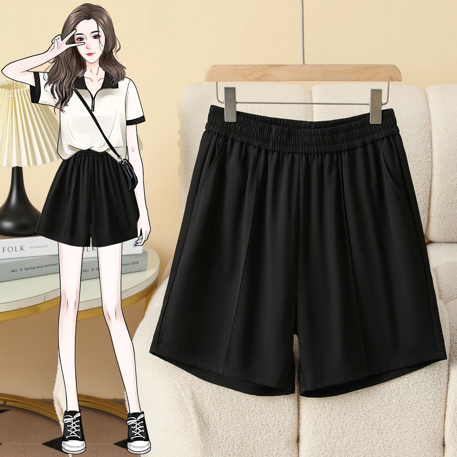 2026 Elastic High Waist  A-Line Suit Shorts Women's Fashion Summer New Wide Leg Loose Short Pants Casual Sports Pants