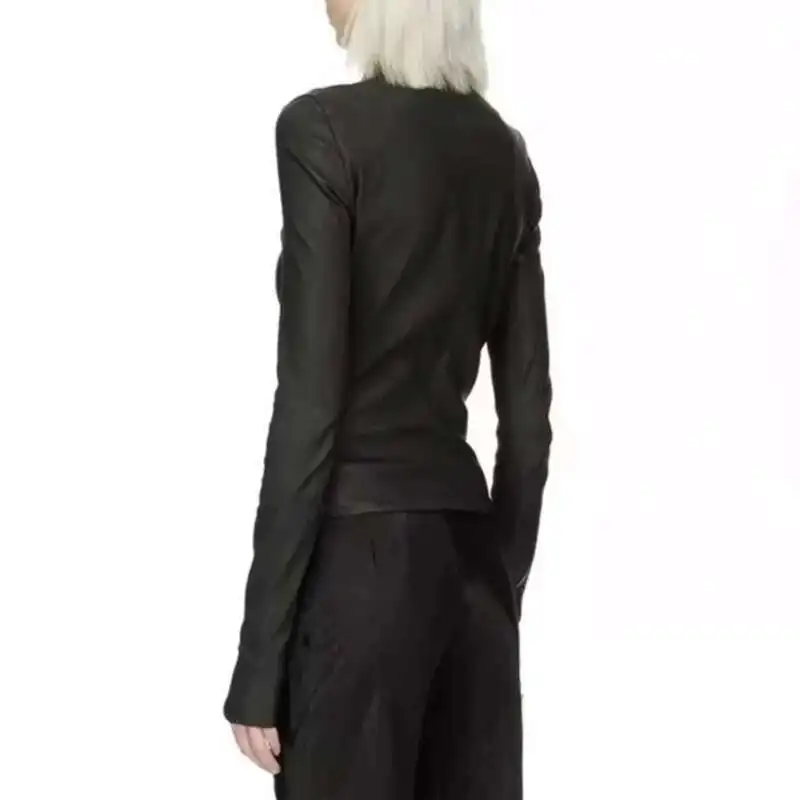 HKSH خريف ربيع جديد المرأة المد الأمريكية خمر مهدب سليم صالح دراجة نارية بولي Leather سترة جلدية الوقوف طوق شيك الظلام H2927