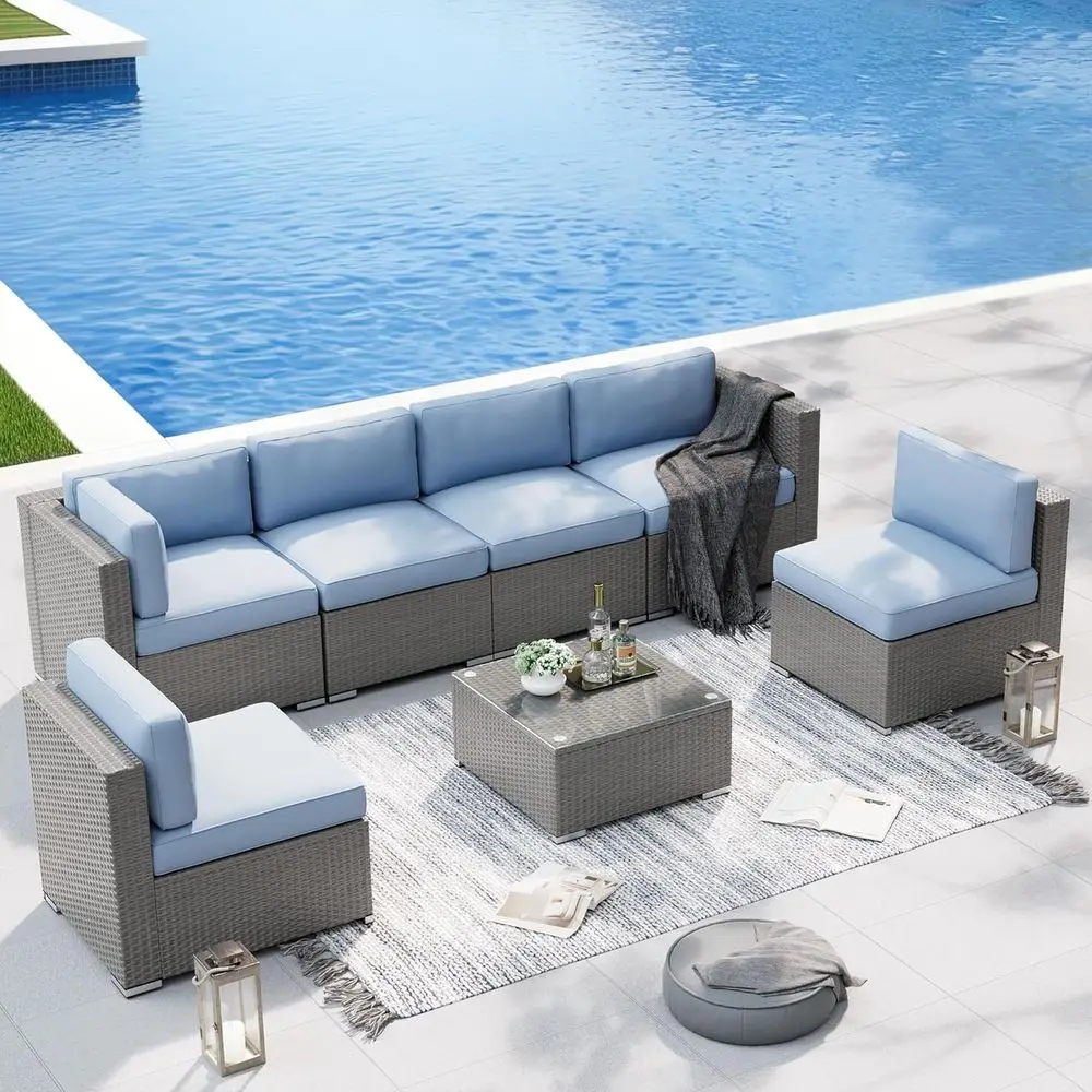 

7-Piece Grey Rattan Outdoor Patio Sectional Set with Coffee Table, Sky Blue