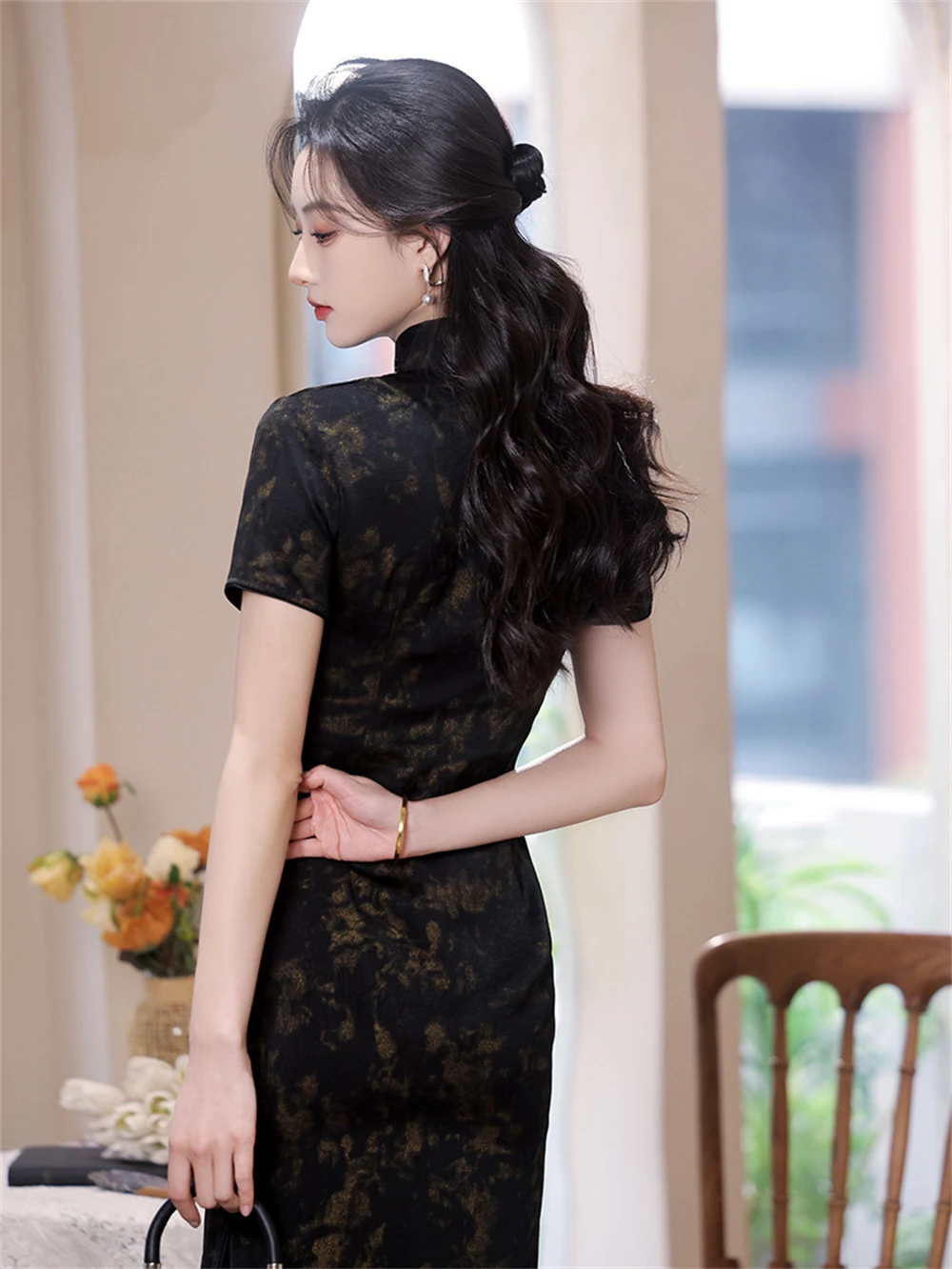 

Black Printed Cheongsam Chinese Improved Young Girl Summer Temperament Elegant Qipao Vestidos Women Vintage Slim Split Dress New