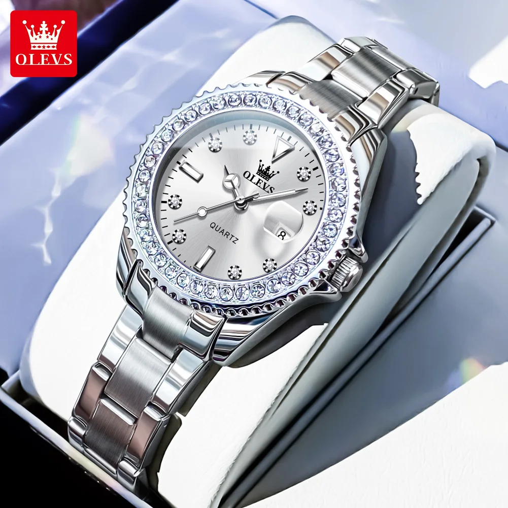 OLEVS 9945 Women Quartz Watch Brand Luxury Diamond Circle Automatic Calendar Watch Stainless Steel Waterproof Elegant Girl Watch