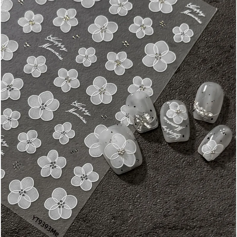Exquisite White Floral Nail Stickers Transparent Flowers Silver Bead Nail Accessories Stickers Self-adhesive DIY Nail Decoration
