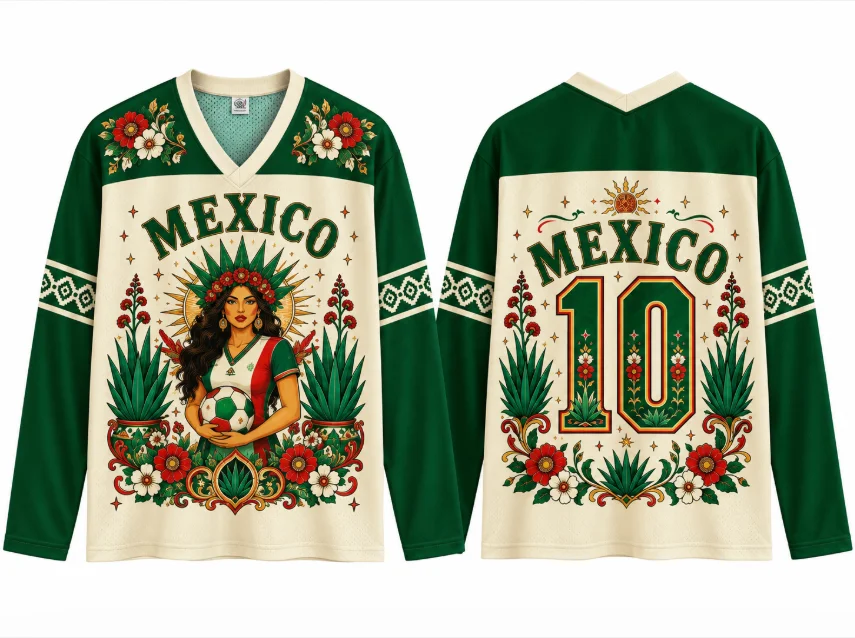 Camiseta de Fútbol de México de Manga Larga para Hombre y Mujer, Estilo Vintage Mexicano con Gráficos Florales de Agave, Cuello en V, Sudadera Streetwear