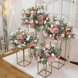 Customized Luxury Rose Greenery Artificial Flower Ball Wedding Table Centerpieces Flower Geometric Shelf Stand Party Stage Props