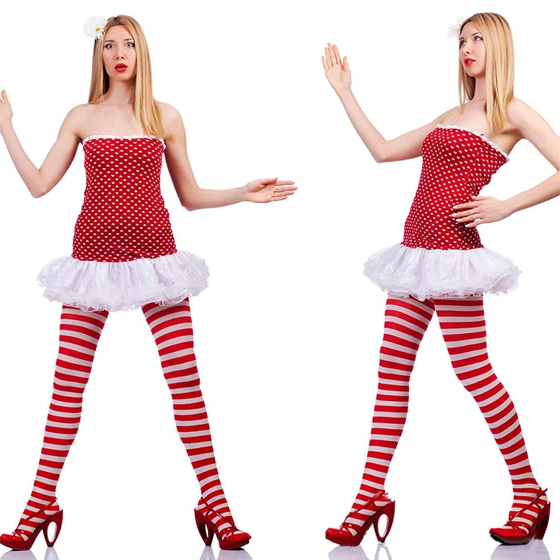 Women Christmas Striped Tights Full Length Tights Thigh High Stocking For Christmas Decoration Cosplay Party Makeup Prom Costume