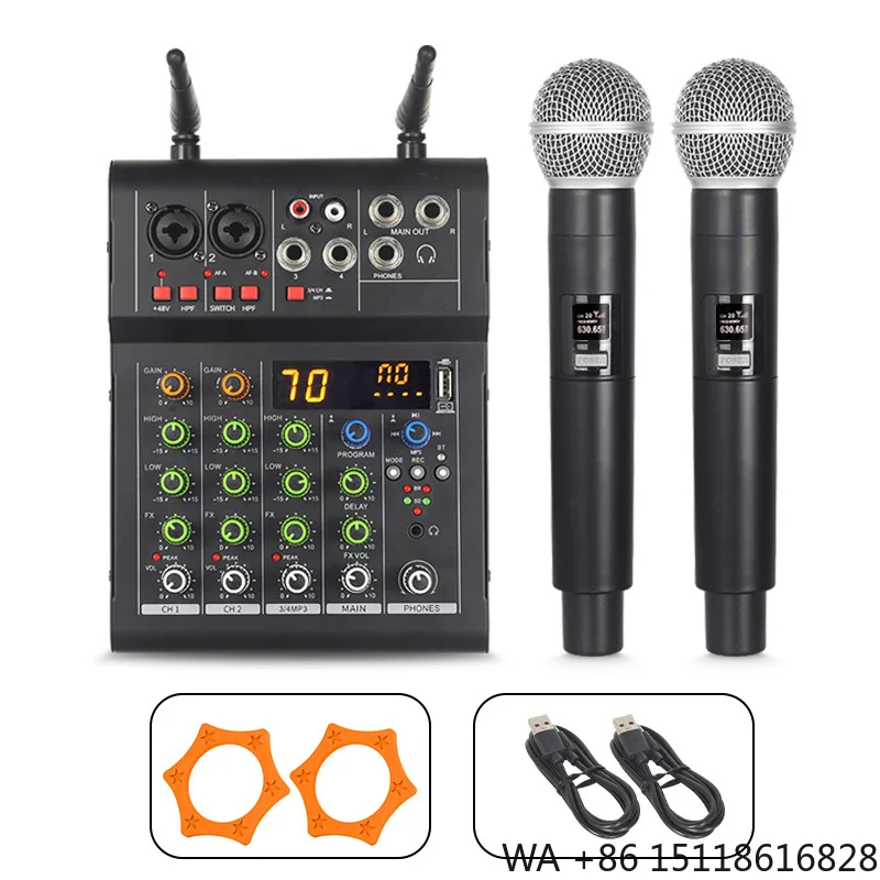 4 Channel Small DJ KTV Show Mixer Karaoke System with 2 UHF Microphone 16 DSP Mixeur Mix 48V Phantom Power Switch Mixing Console