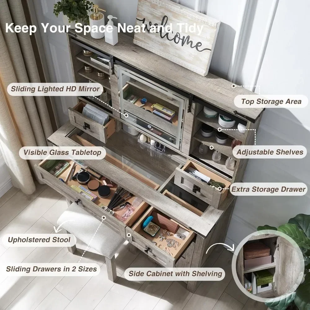 Penteadeira Farmhouse, penteadeira de bancada de vidro de 42 polegadas com 2 gavetas e prateleiras, incluindo cadeiras