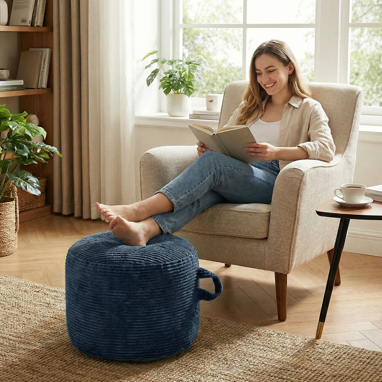 50x35cm Runder Pouf Ottoman, Gefüllter Flanell-Pouf, Fußhocker mit Schaumstoff-Füllung, Flauschiger Pouf Ottoman, Relaxhocker für Wohnzimmer und Couch, Trägt Erwachsene ohne zu durchzusinken.